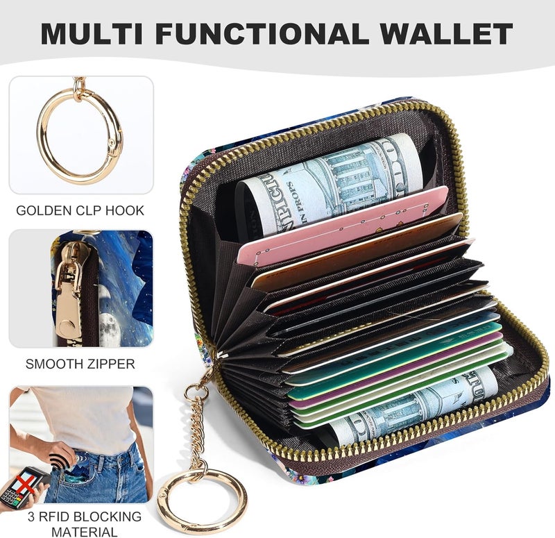 Luoycxy Credit Card Holder for Women,Small Rfid Wallet with Keychain Zipper,Cute PU Leather Card Case Wallet，Accordion Credit Card Wallets Gift,Moon Mountains - Image 2